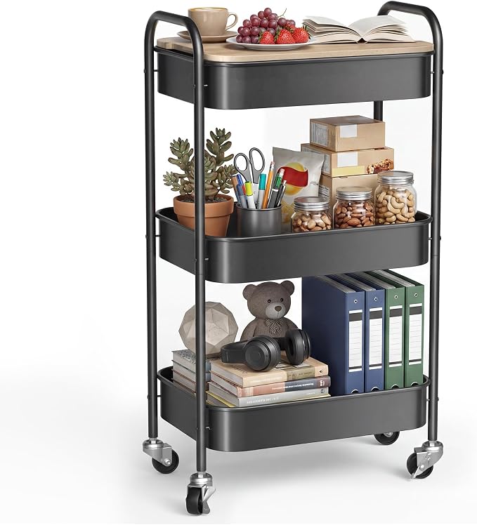 DTK 3 Tier Rolling Cart with Wheels, Heavy Duty Metal Utility Cart, Mobile Storage Organizer with Lockable Casters, Multi-Purpose Rolling Cart for Nursery, Bathroom, Kitchen, Office, Classroom