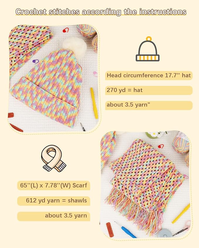 Katech Crochet Kit for Beginners w/Step-by-Step Instruction for Hat, Scarf