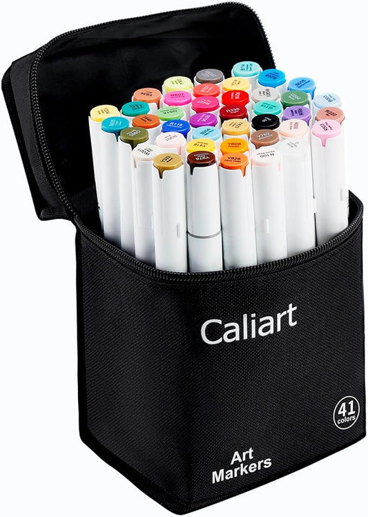 Caliart Alcohol Markers 41 Colors Fine & Chisel Dual Tip Coloring Markers | Permanent Sketch Art Markers Set for Beginners Artists Adult Coloring Books Drawing Illustration Painting School Art Supplies