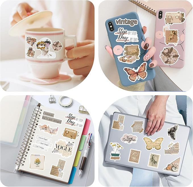 120Pcs Vintage Stickers, Waterproof Scrapbook Aesthetic Sticker for Daily Planner, Water Bottles, Handbook Junk Diary Stickers, Adults Scrapbooking Journaling Supplies DIY Paper Crafts