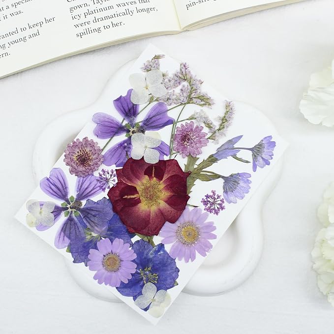 Real Nature Dried Pressed Flowers Leaves(120PcsPink White Purple)