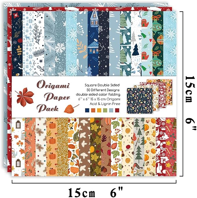 Origami Paper 50 Sheets, 6-Inch Square Double Sided Colored Craft Paper | 70GSM colorful paper,50 Vivid Pattern Origami Kit,DIY Hand Crafts,Arts Creativity,Easy to Fold,No-Fading.Winter