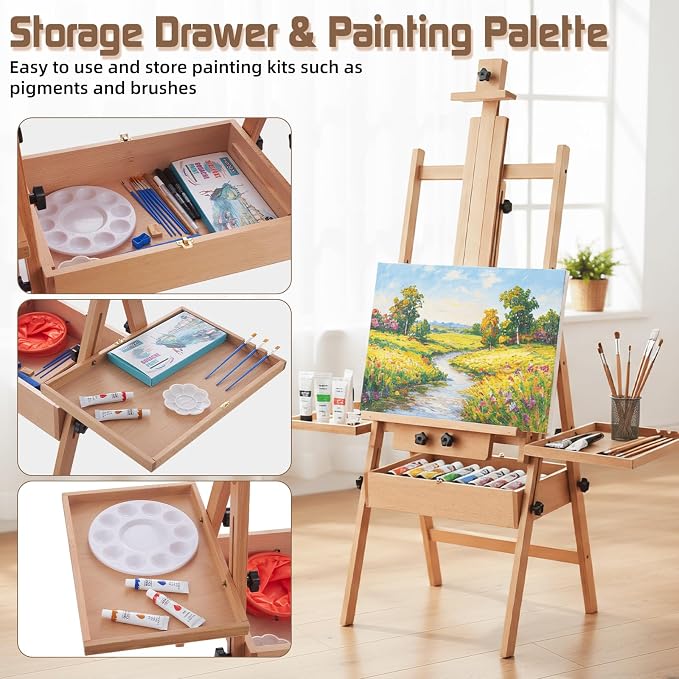 Beech Wood H-Frame Easel for Painting with Tray & Drawer, Natural
