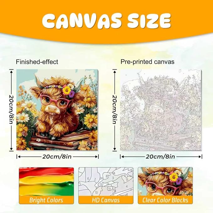Highland Cow Paint by Numbers Kit for Adults with Frame & Easel 8x8inch | Canvas Paint by Numbers for Adults, Adult Paint by Number Kits on Canvas, Arts and Crafts for Adults, Gifts and Home Decor