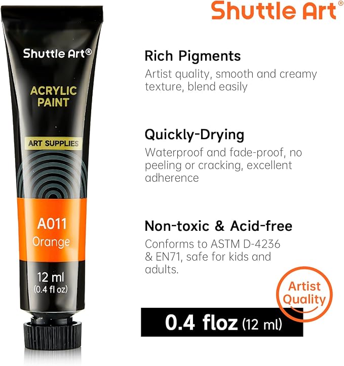 Shuttle Art Acrylic Paint Set, 15 x 12ml Tubes Artist Quality Non Toxic Rich Pigments Colors Perfect for Kids Adults Beginners Artists Painting on Canvas Wood Clay Fabric Ceramic Crafts