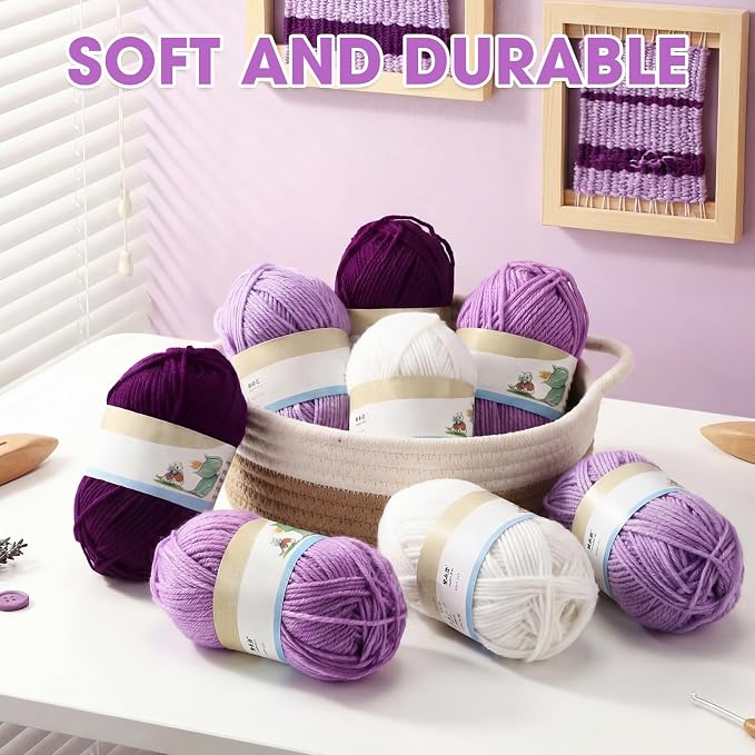Buryeah Purple Series 8 Packs Crochet Yarn Knitting Bundle Beginner Acrylic Thread Fluffy Hand Tube Polyester Yarn Needles Bulky Kit Variety Pack 726 Yards for Weaving Crafts DIY Project Beginner