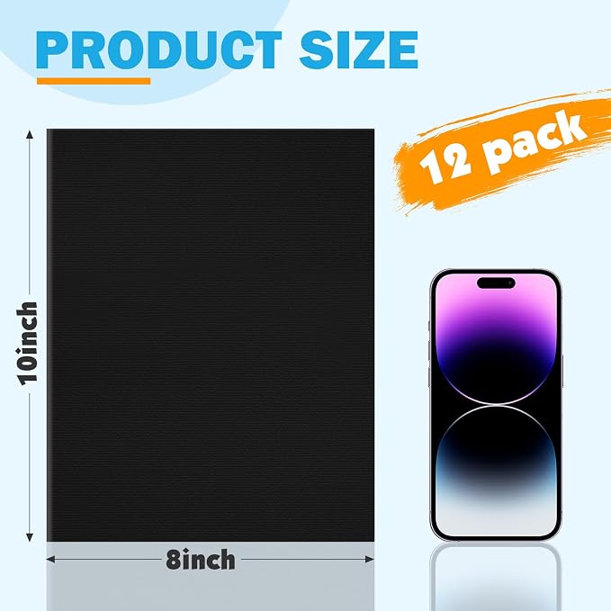 12 Pack Canvas for Painting 8x10 Inch, Black Canvas Boards for Painting Cotton Primed Acid Free Blank Canvas Panels for Oil, Acrylic Paint and Tempera.