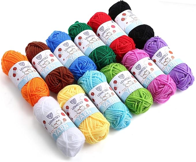 LEMESO Acrylic Yarn Bulk Pack, 12 Skeins for Crochet & Knitting, 180g | 12 Assorted Colors, 15g Mini Skeins, Perfect for Beginners, School Crafts, Art Classes and DIY Projects