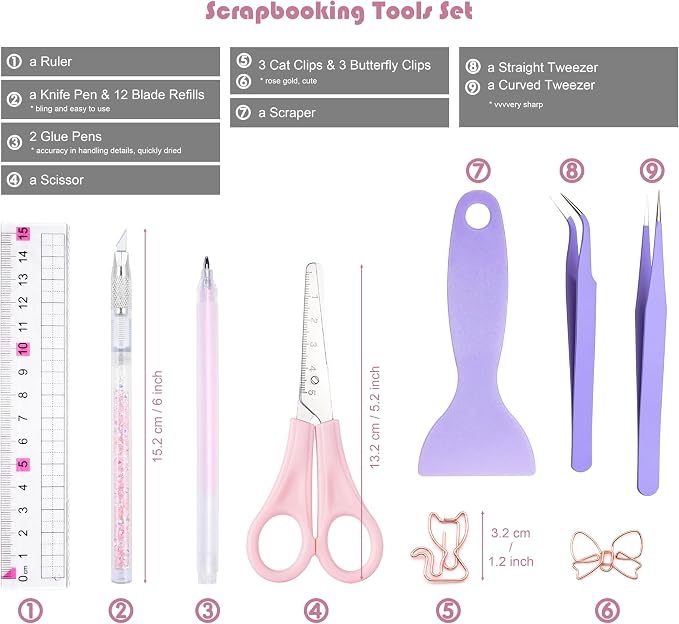 Arvakr Scrapbooking Tools, Scrapbook Supplies with Sticker Tweezers, Glue Pen for Crafting, Card Making, Sticker Cutter, Paper Craft