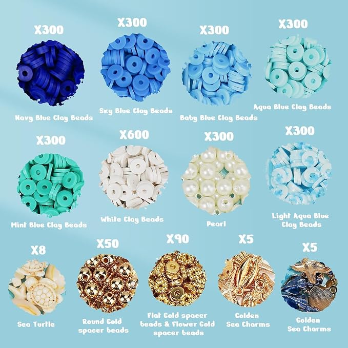 Gionlion Clay Beads for Bracelets, Blue Winter Clay Beads Bracelet Making kit with Golden Pearl Beads for Jewelry Making, Charms Bracelet Kit and Crafts DIY Gifts for Women