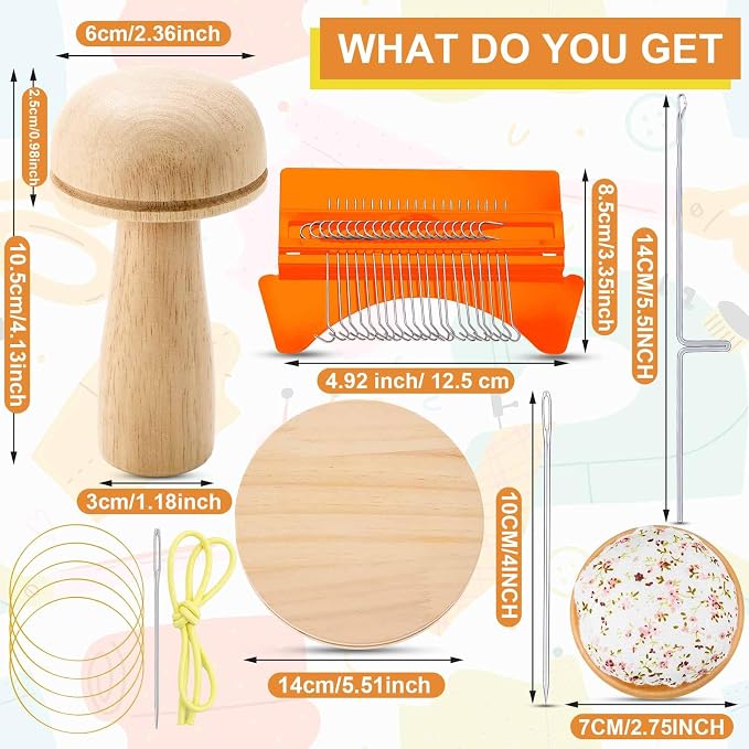 Jexine Mini Darning Mushroom for Socks 21 Hooks Small Speedweve Style Weaving Darning Loom with 9 Pcs Large Eye Needles 50 Colors Thread for Handcraft DIY Weaving Repair Tool(Orange)