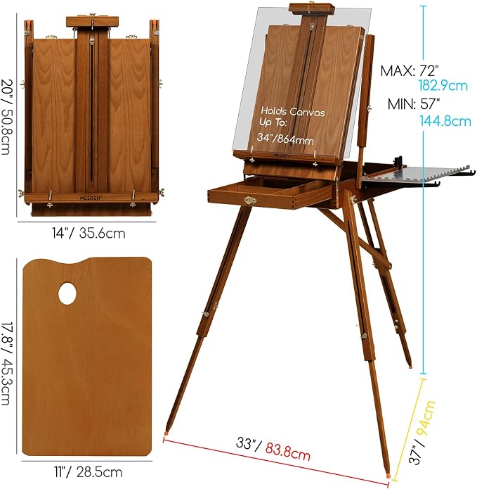 MEEDEN Portable French Easel for Painting: Beech Wood Plein Air Art Easel | Wooden Sketchbox for Outdoor Travel - Studio Art Easel Stand with Metal Side Tray - Holds Canvas up to 34"- Walnut