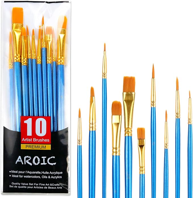 AROIC 10 Pcs Paint Brushes, Acrylic Oil Watercolor Painting Brush Set | Nylon Hair Brushes Artist Professional Drawing Kits for Adult, Kids Face Canvas Rock Painting Arts Crafts Supplies(1 Pack)