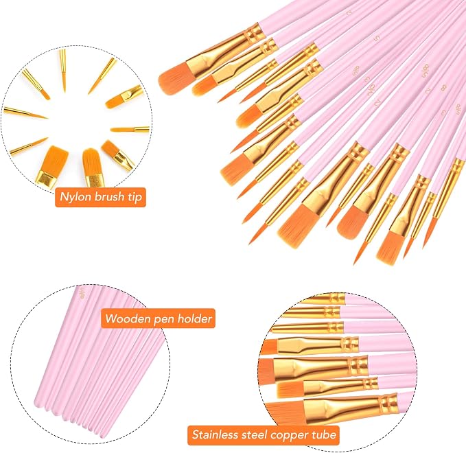 AROIC Acrylic Paint Brushes, 6 Packs/60 pcs Nylon Hair Paint Brush Set | All Purpose Oil Watercolor Painting Artist Professional Kits (Pink)