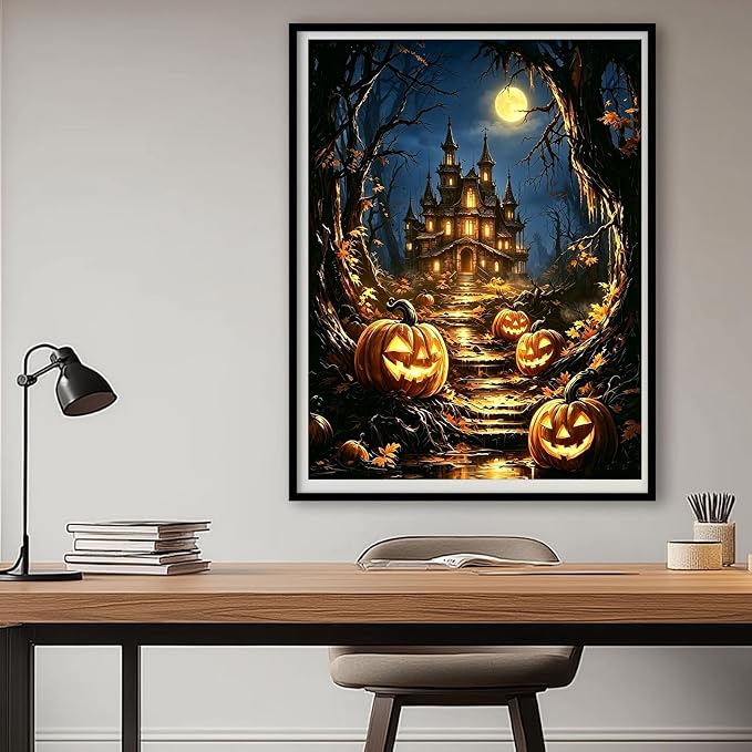 Gemozaic Halloween Haunted House Paint by Numbers Kit for Adults, 16x20 in | Horror Pumpkin Paint by Number for Adults, DIY Acrylic Numbers Painting, Color by Number for Home Wall Decor, Gift, Unframed