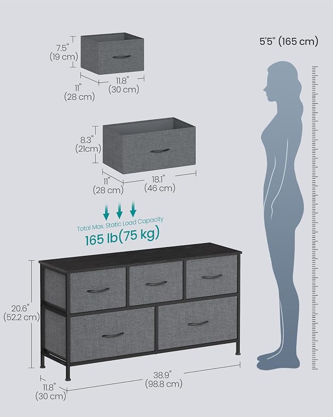 SONGMICS Dresser for Bedroom, Wide Dresser with 5 Fabric Drawers