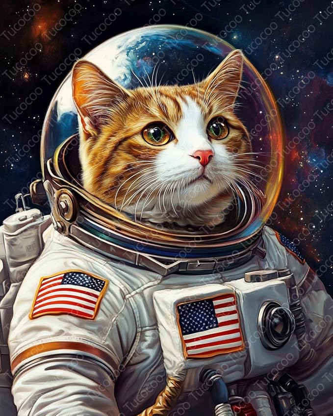 Tucocoo Cat DIY Paint by Numbers for Adults Cat Astronaut DIY Digital Oil Painting Acrylic Paint Planet Outer Space Painting Kits Canvas Wall Art Funny Room Decor 16x20 Inch （DIY Frame ）