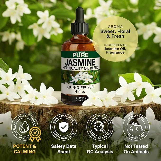 100% Pure Jasmine Essential Oil 4 Fl Oz - Floral Scent for Hair and Skin | Fragrance Oil for Diffuser, Aromatherapy, Massage, Body Perfume - Non-GMO, Indian Jasmine Flowers, Dropper - Kukka