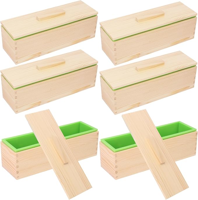 6 Packs 42oz Soap Loaf Wood Box for Soap Making, Green Premium Silicone Loaf Soap Mollds with Wooden Box and Lid, Ideal for Large Size Homemade Soaps, Flexible and Heat Resistant