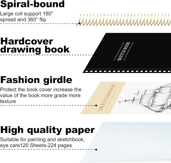 Yoment 9"x12" Hardcover Sketchbook for Drawing，120 Sheets，100GSM | Black,Spiral Bound Sketch Pad Premium Art Sketchbook Artistic Drawing Paper Pad for Kids Adults Beginners Artists