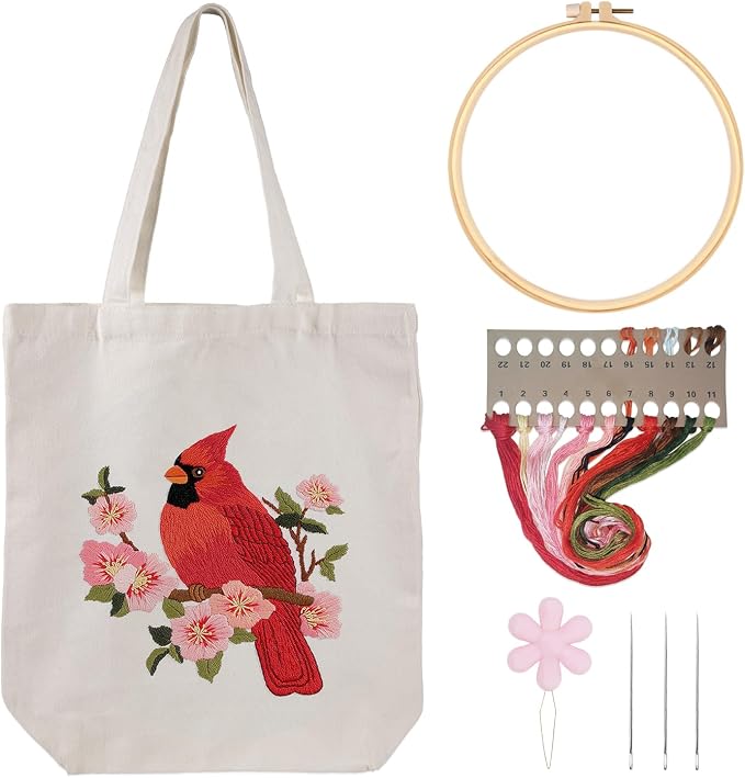 Louise Maelys Cardinal Embroidery Kit for Beginners Canvas Tote Bag
