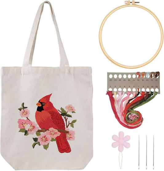 Louise Maelys Cardinal Embroidery Kit for Beginners Canvas Tote Bag