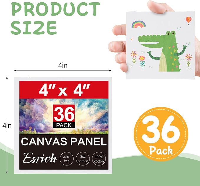 ESRICH Mini Canvases for Painting, 4x4In Canvas in Bulk 36 Pack Small Canvas Panels Cotton Paint Canvas Primed Acid Free Blank Canvas Boards for Oil, Watercolor, Acrylic, Gouache & Tempera