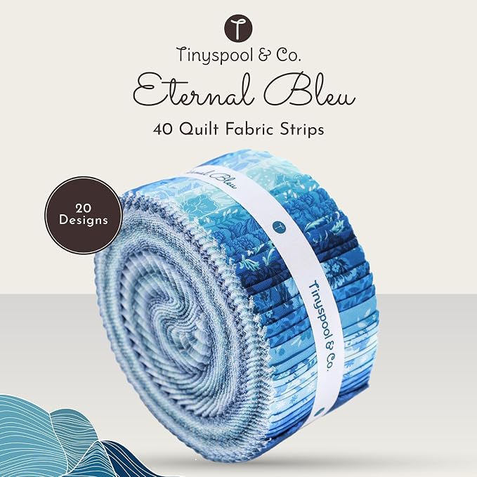 Tinyspool & Co.'s Twirlie Roll 40 Precut Quilting Fabric Strips for Quilting Supplies, Crafting, and Sewing, Soft Cotton Strip for Blanket, Rug, Upholstery, Home Decor, and Purse Making, Eternal Bleu