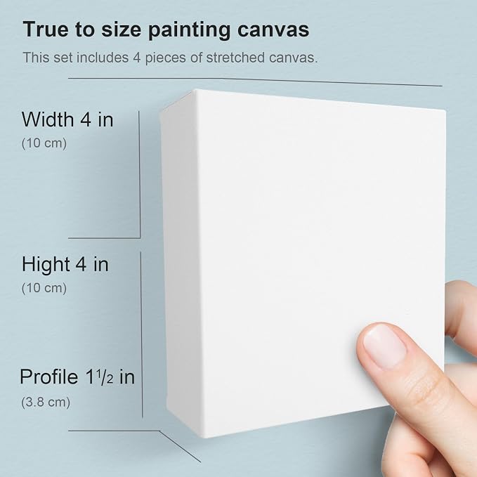 PHOENIX 4x4 Inch Gallery Depth Watercolor Canvas 4 Pack | 1.5 In Deep 100% Cotton Water Color Square Canvases for Painting, 260g Medium Texture Canvas for Water Based Paints