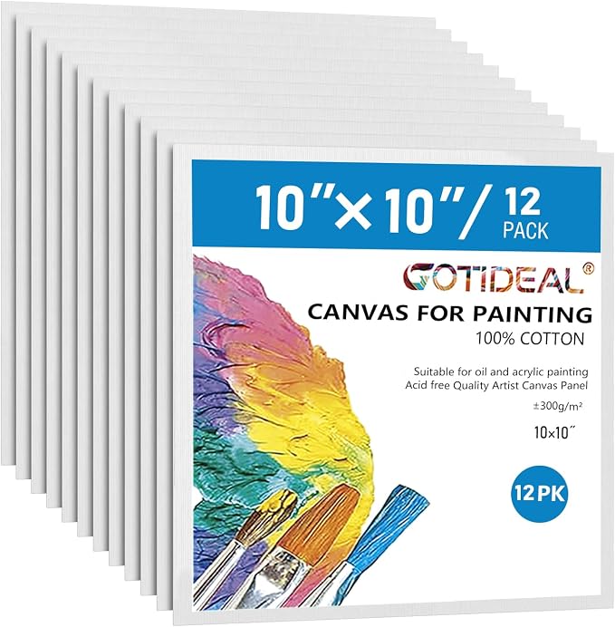 GOTIDEAL Canvases for Painting, 10x10 inch of 12 Pack, 100% Cotton | Professional Primed White Blank Flat Canvas Panels, Artist Canvas Boards for Acrylics Painting, Oil Watercolor Tempera