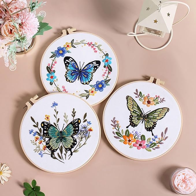 GLTAYLMY Butterfly Embroidery Kit for Beginners Adults, 3 Sets Hand Embroidery Starter Kit with Flower Pattern and Instructions Stamped Cross Stitch Kits Include Embroidery Hoop Needles Threads