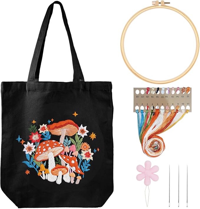 Louise Maelys Embroidery Kit Canvas Tote Bag with Mushroom Floral Pattern