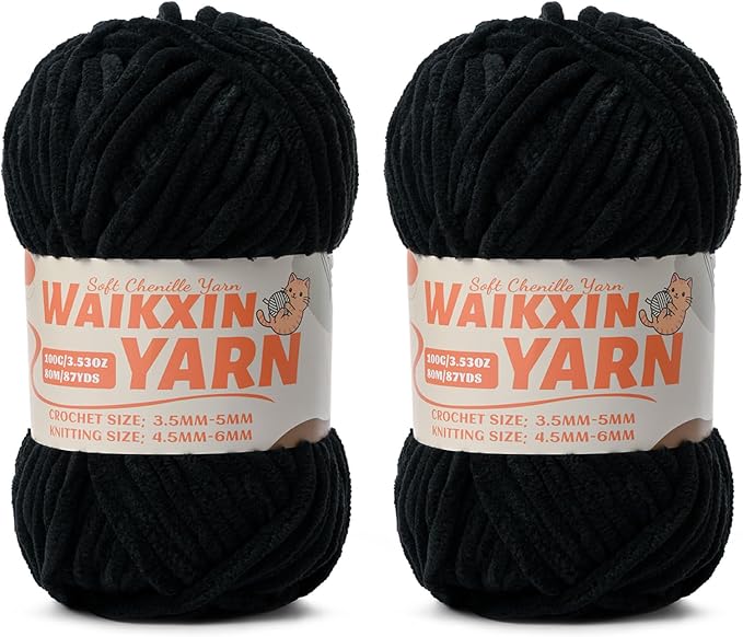 （2 Black） 2 Pack Super Soft Fuzzy Chenille Chunky Yarn for Crocheting, 200g (175yds) Fluffy Velvet Yarn for Hand Knitting Baby Blankets Weaving Craft