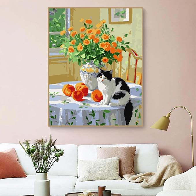 ZRIZQ Paint by Numbers Kit for Adults Beginner,Flowers and Cat,16x20
