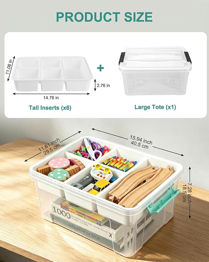 EOENVIVS 17 QT Clear Craft Storage Organizer Box with Removable Tray, Plastic Storage Bins with lids for Kids Art Supplies, Toys, Beads, Tools, Sewing & Classroom Clear+Green Bulcket