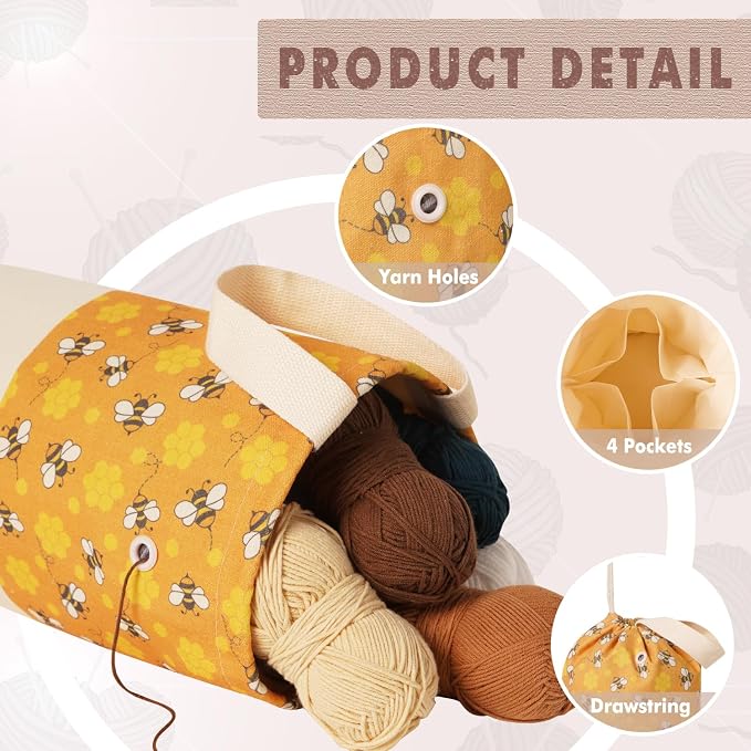 TOGETRUE Yarn Bag, Knitting Crochet Bag, Portable Yarn Storage Bags Organizer for Crocheting Project, Store Skein Ball, Short Knitting Needle (Medium, Bees)