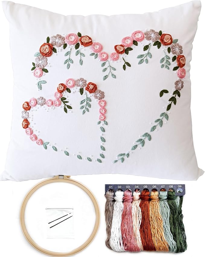 FONNUY Crewel Pillow Case Embroidery Kit, Heart Shaped Loving You Floral Stamped Pattern Kits for Audlt Beginners, Works Crafts Throw Pillow Cover Great Gift for Loved Ones, 18 x 18'' (Beige)