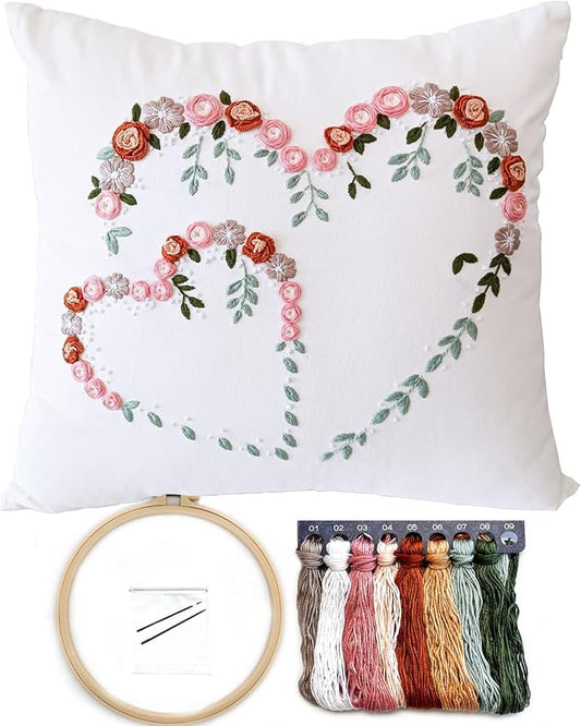 FONNUY Crewel Pillow Case Embroidery Kit, Heart Shaped Loving You Floral Stamped Pattern Kits for Audlt Beginners, Works Crafts Throw Pillow Cover Great Gift for Loved Ones, 18 x 18'' (Beige)