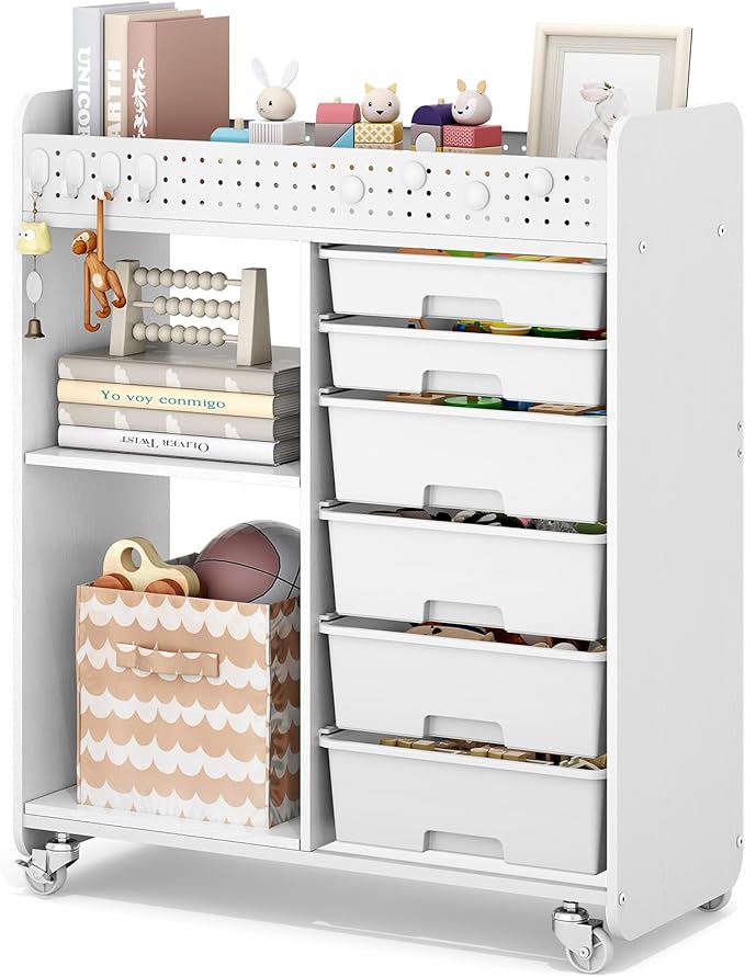 Rolling Craft Cart with 6 Drawers, Pegboard and Locking Wheels White