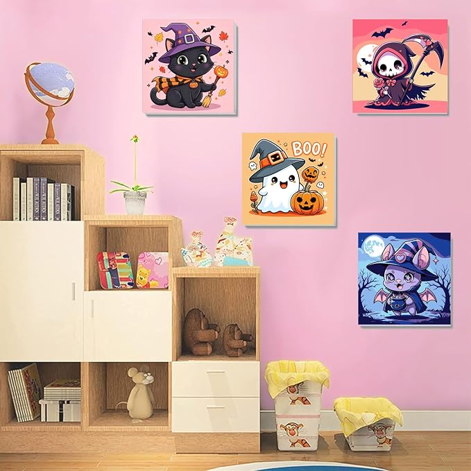 SYDYLH 6 Pcs Framed Easy Halloween Paint by Numbers for Adult/Kids 8x8in | small Ghosts Oil Painting Set for Child, mini horror paint by Number framed canvas Home Decor,Boys Girls Arts Crafts Gift