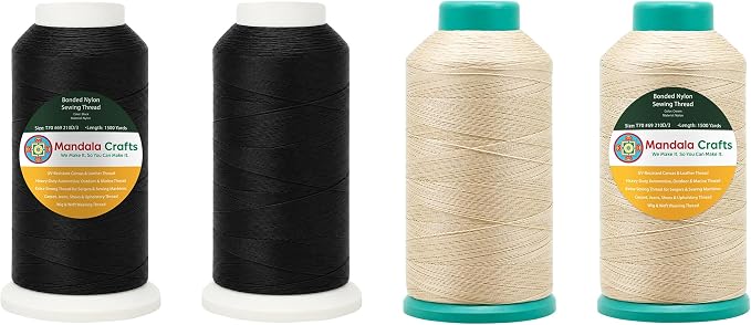 Mandala Crafts Size 69 210D T70 Black Cream Bonded Nylon Thread, 6000 YDs