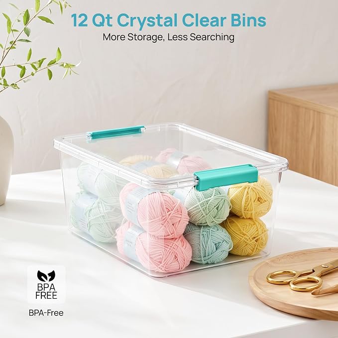 Vtopmart 4 Pack 12 Qt Clear Craft Storage Bins with Lids and Latches | Stackable Plastic Storage Box for Art & Craft Supplies, Paper, Toys, BPA-Free Containers for Organizing
