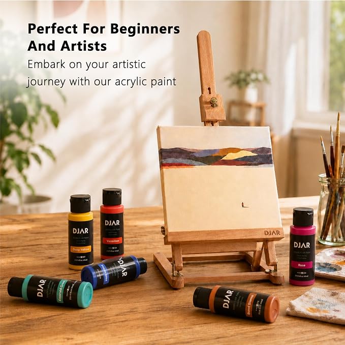 DJAR 36 Colors Acrylic Paint Set for Artists Beginners, 2 fl oz/60ml | Rich Pigments Colors Painting Supplies, Waterproof & Fast Dry, Works on Canvas, Rocks, Wood, Ceramic & Fabric, Safe Non-Toxic