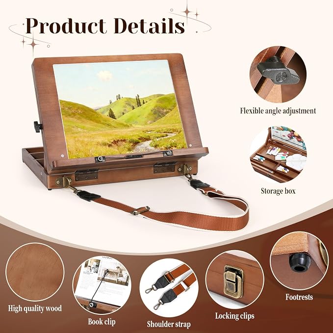 TYYIHUA Tabletop Easel for Painting, Adjustable Wooden Desktop Art Easel | A3, Page Clips & Carry Strap, Travel Drawing Board for Sketching, Diamond Painting, Ideal for Adults, Students & Beginners