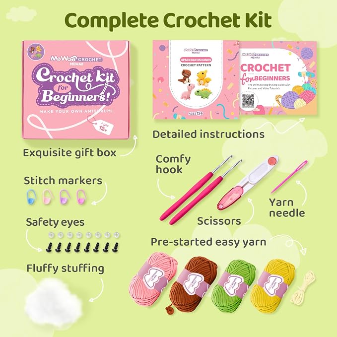 Mewaii Crochet Kit for Beginners, 4 Pack Dinosaur Set Craft Set | 40% Extra Yarn, Video Tutorial, Pre-Started Piece, Beginner Friendly, Family Craft Gift for Adults & Kids
