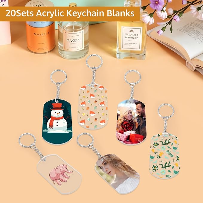 Acrylic Keychain Blanks Clear Ornament Blanks Set About 20 Clear Keychain Blanks with Hole 20 Key Rings with Chains and 20 Open Jump Rings for Vinyl DIY Keychain Crafts Jewelry Labels Gifts Packaging