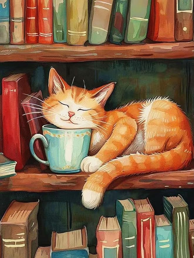 ZRIZQ Paint by Numbers Kit for Adults Beginner,Cat Books,16x20 | Full set with wooden brushes,rolled canvas,rich paints.Calming activity.Beginner friendly.Just open and paint.