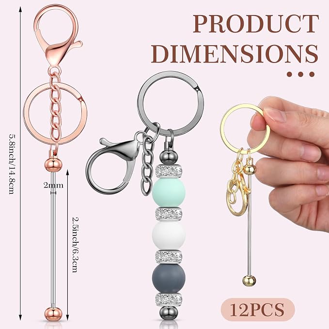 Tondiamo 12 Pcs Beadable Keychains Bars Bulk Blank Beaded Metal Keychain for Craft DIY Gift