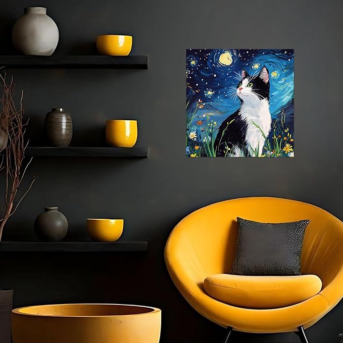 Framed Paint by Numbers Kit for Adults Beginner & Kids Ages 8-12 Cat Adult Paint by Number Kits on Canvas with Easel Starry Night Painting by Numbers for Adults with Frame DIY Painting Kits 8x8 Inch