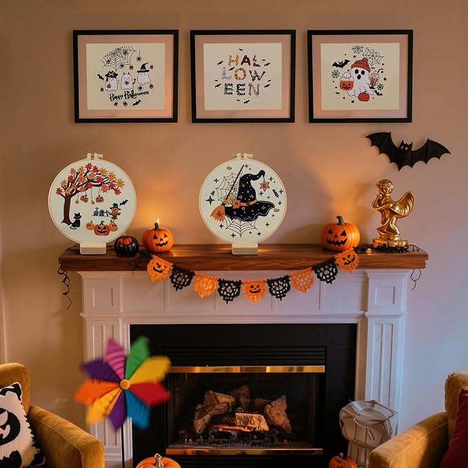 ElasignShopo 5 Sets Halloween Embroidery Kit for Adult Beginners Pumpkin Bat Embroidery Starter Kit Halloween Cross Stitch Kits Needlepoint Kits Includes Instruction 2 Hoops Color Threads Needles